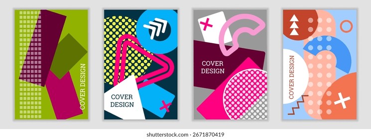 Bright background in Memphis style. Set of 4 geometric cover designs. Fashionable bright cover, banner, poster, booklet. Bright colors. Vector illustration