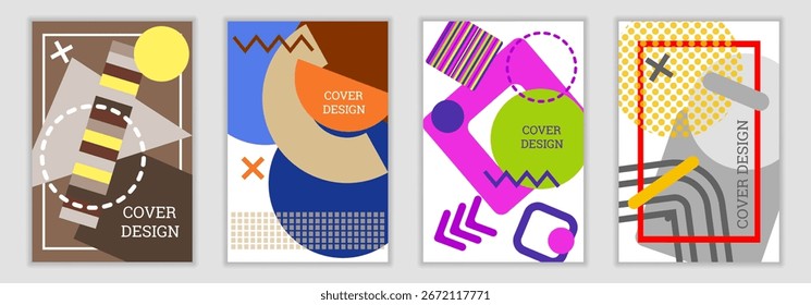Heller Hintergrund im Memphis-Stil. Set mit 4 geometrischen Abdeckungen. Modische helle Abdeckung, Banner, Poster, Broschüre. Helle Farben. Vektorgrafik