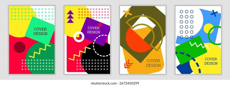 Fondo brillante en el estilo de Memphis. Conjunto de 4 diseños de portada geométrica. Cubierta brillante de moda, Anuncio, cartel, folleto. Colores brillantes. Ilustración vectorial