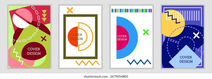 Heller Hintergrund im Memphis-Stil. Set mit 4 geometrischen Abdeckungen. Modische helle Abdeckung, Banner, Poster, Broschüre. Helle Farben. Vektorgrafik