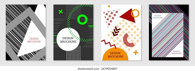 Bright background in Memphis style. Set of 4 geometric cover designs. Fashionable bright cover, banner, poster, booklet. Bright colors. Vector illustration