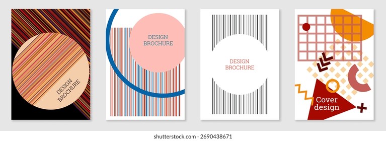 Fundo brilhante no estilo Memphis. Conjunto de 4 projetos de cobertura geométrica. Capa brilhante na moda, faixa, cartaz, livreto. Cores brilhantes