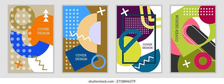 Fondo brillante en el estilo de Memphis. Conjunto de diseños de portada geométrica. Cubierta brillante de moda, Anuncio, cartel, folleto. Colores brillantes. Vector