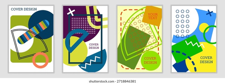 Fondo brillante en el estilo de Memphis. Conjunto de diseños de portada geométrica. Cubierta brillante de moda, Anuncio, cartel, folleto. Colores brillantes. Vector