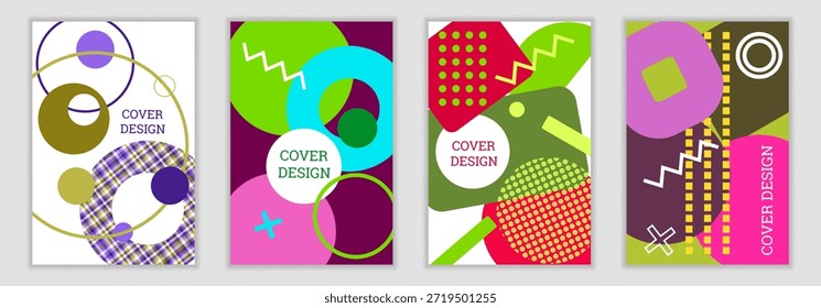 Fondo brillante en el estilo de Memphis. Conjunto de diseños de portada geométrica. Cubierta brillante de moda, Anuncio, cartel, folleto. Colores brillantes. Vector