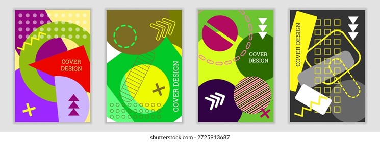 Heller Hintergrund im Memphis-Stil. Satz von geometrischen Abdeckungsdesigns. Modische helle Abdeckung, Banner, Poster, Broschüre. Helle Farben. Vektorgrafik