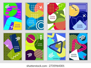 Bright background in Memphis style. Set of geometric cover designs. Fashionable bright cover, banner, poster, booklet. Bright colors. Vector