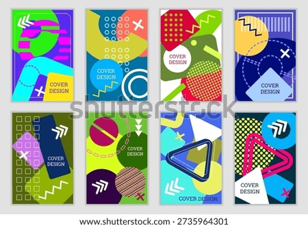 Bright background in Memphis style. Set of geometric cover designs. Fashionable bright cover, banner, poster, booklet. Bright colors. Vector