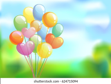 Bright background with the multi-colored balloons against a clear sky, vector illustration.