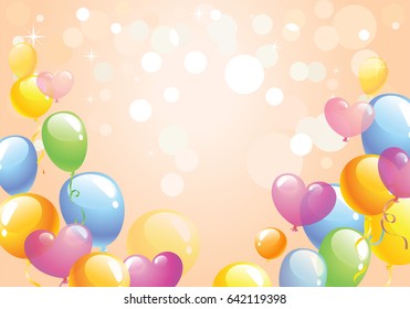 Bright background with the multi-colored balloons against background with bokeh lights and stars, vector illustration.