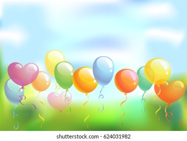 Heller Hintergrund mit mehrfarbigen Ballons, die in den Himmel fliegen, Vektorgrafik.