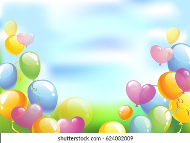 Fondo brillante con los globos multicolores volando hacia el cielo, ilustración vectorial.