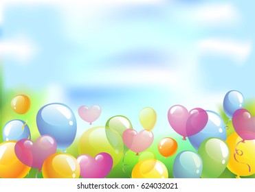 Bright background with the multi-colored balloons flying up into the sky, vector illustration.
