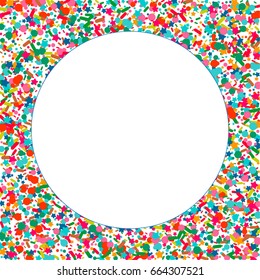 Bright background of multicolored confetti. Square card and frame. Vector isolated confetti on white background pattern. Template for holiday designs, invitation, party, birthday, wedding, solemnity.