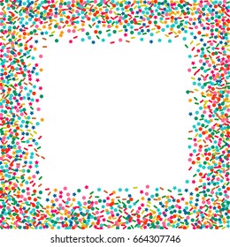 Bright background of multicolored confetti. Square card and frame. Vector isolated confetti on white background pattern. Template for holiday designs, invitation, party, birthday, wedding, solemnity.