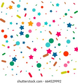 Bright background of multicolored confetti. Square card and frame. Vector isolated confetti on white background pattern. Template for holiday designs, invitation, party, birthday, wedding, solemnity.