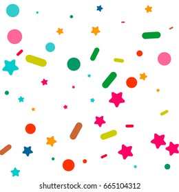 Bright background of multicolored confetti. Square card and frame. Vector isolated confetti on white background pattern. Template for holiday designs, invitation, party, birthday, wedding, solemnity.