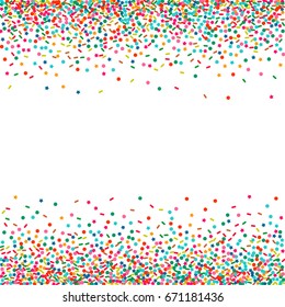 Bright background of multicolored confetti. Square card and frame. Vector isolated confetti on white background pattern. Template for holiday designs, invitation, party, birthday, wedding, solemnity.