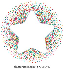 Bright background of multicolored confetti. Square card and frame. Vector isolated confetti on white background pattern. Template for holiday designs, invitation, party, birthday, wedding, solemnity.