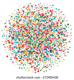 Bright background of multicolored confetti. Square card and frame. Vector isolated confetti on white background pattern. Template for holiday designs, invitation, party, birthday, wedding, solemnity.