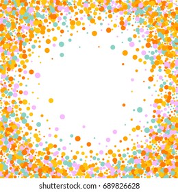 Bright Background of Multicolored Confetti. Square Card, Cover and Frame. Vector Isolated Confetti on White Background Pattern. Template Background Orange, Yellow, Blue, Turquoise and Pink Colors.