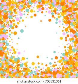 Bright Background of Multicolored Confetti. Square Card, Cover and Frame. Vector Isolated Confetti on White Background Pattern. Template Background Orange, Yellow, Blue, Turquoise and Pink Colors.