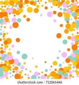 Bright Background of Multicolored Confetti. Square Card, Cover and Frame. Vector Isolated Confetti on White Background Pattern. Template Background Orange, Yellow, Blue, Turquoise and Pink Colors.