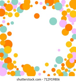 Bright Background of Multicolored Confetti. Square Card, Cover and Frame. Vector Isolated Confetti on White Background Pattern. Template Background Orange, Yellow, Blue, Turquoise and Pink Colors.
