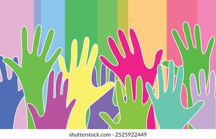 A bright background of multi-colored raised hands.
