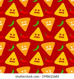 Heller Hintergrund mit Nacho und Chilis auf rotem Hintergrund. Nahtlose Muster für Textilien, Decken, Banner oder Verpackungen für den Urlaub 