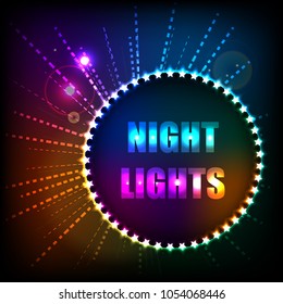 A bright background with neon lights in the distance and a place for text in the center. Vector illustration