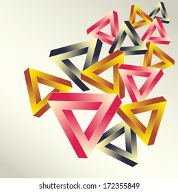 Bright background with the optical illusion executed in the form multicolored impossible falling triangles