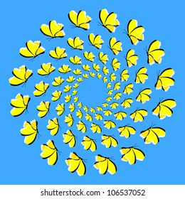 Bright background with the optical illusion of rotation executed from flying yellow butterflies