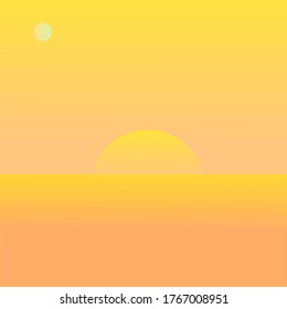 
bright background in orange and peach tones, sunset and moon near the sea