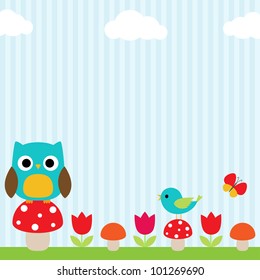 Bright background with owl, bird, butterfly, mushrooms and flowers