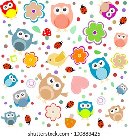 Bright background with owls, leafs, mushrooms and flowers. Seamless pattern