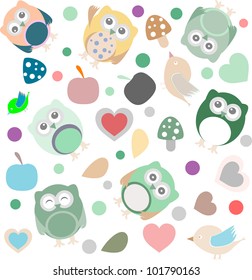 Bright background with owls, leafs, mushrooms and flowers. Seamless pattern.