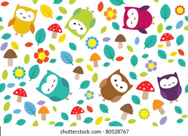 Bright background with owls, leafs, mushrooms and flowers. Seamless pattern.