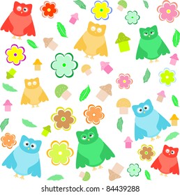 Bright background with owls, leafs, mushrooms and flowers. vector