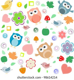 Bright background with owls, leafs, mushrooms and flowers. Seamless pattern