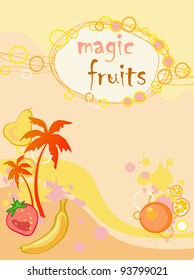 bright background with palm tree, fruits and text
