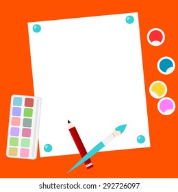 Bright background with paper, paints, brushes and pencil. Design store goods for the artists. Drawing. Vector illustration.