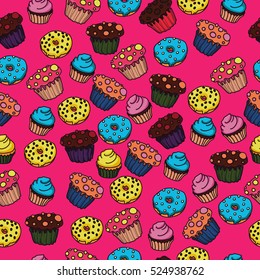 bright background with pastry.colorful Donuts with frosting, chocolate cupcakes,cream cakes. Pink.