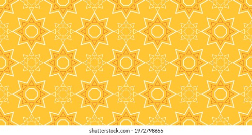 Bright background pattern with abstract geometric ornament on yellow background, wallpaper. Seamless pattern, texture. Vector image