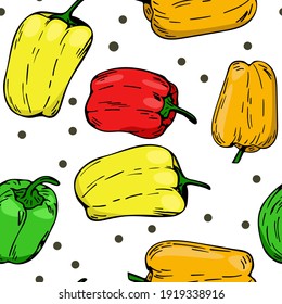 Bright background with pepper of different colors. Vector repeating pattern. Red pepper yellow orange green. Freehand drawing.