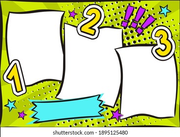 Bright background in popart style. Three comic white boxes for text. Numbering list 1, 2, 3. Frame  template for instruction, to-do list, leaderboard, course of action. Vector illustration.