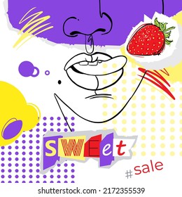 Bright background in psychedelic style. Sweet sale.Vector abstract illustration of a woman's face and strawberries in a collage style. Bright psychedelic background for the design of banners, prints