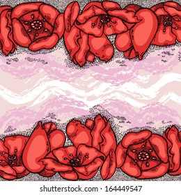 Bright background with red tulips in the style of line art