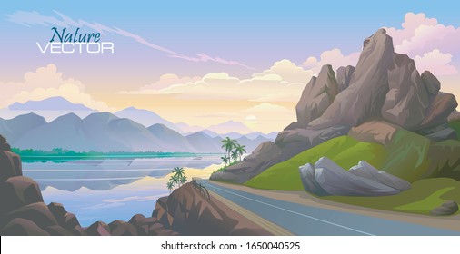 Bright background with a road along a river. Mountains made up of rocks and the skies covered with clouds. The sun setting in the evening and a very calm water.