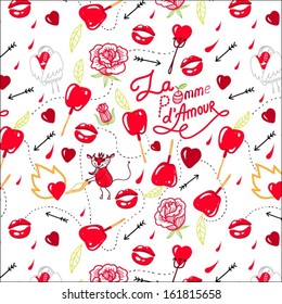 bright background seamless pattern with red candy apples, hearts, arrows, lips and roses